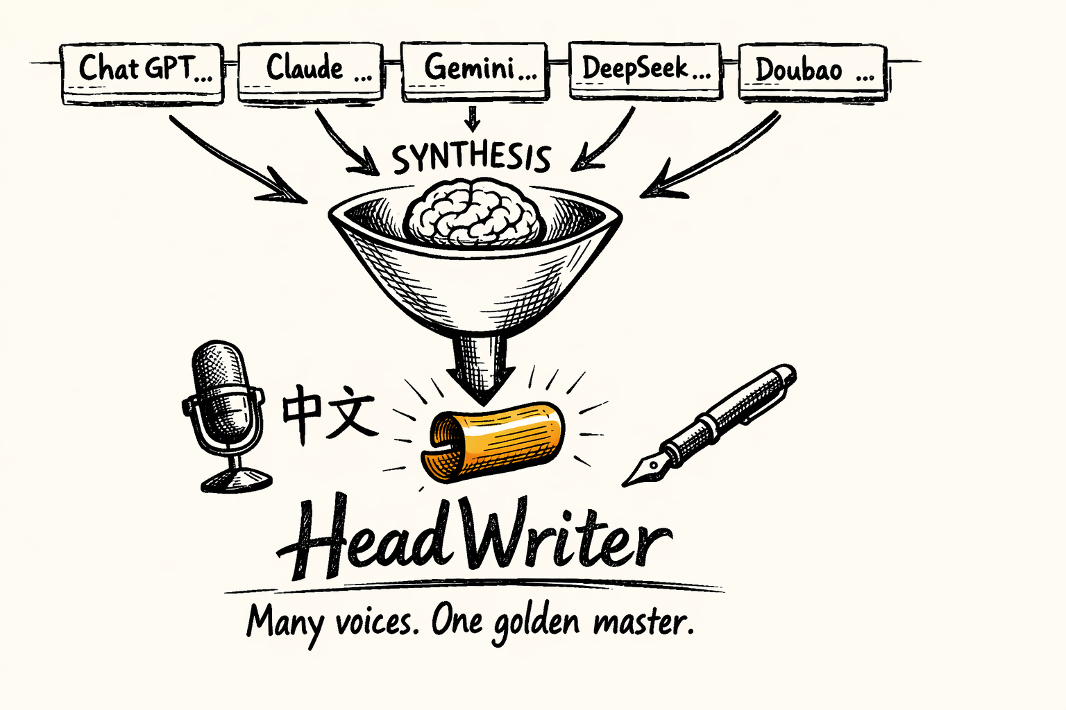 HeadWriter sketchnote — five models in isolation, one synthesis