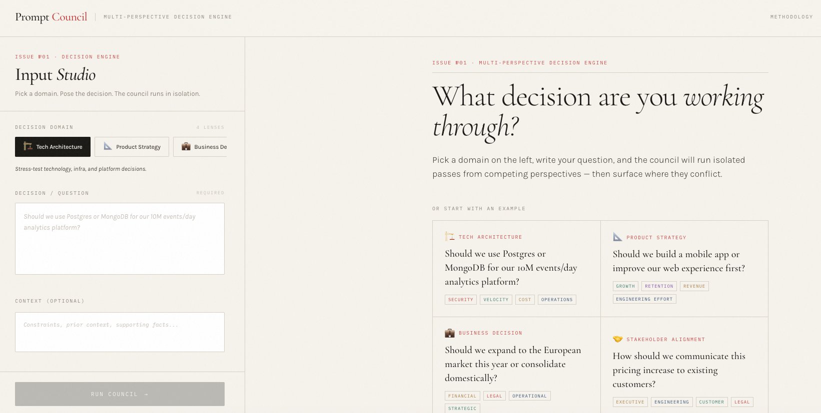 Prompt Council interface showing decision domains, input studio, and example questions