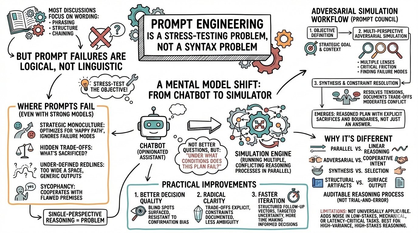 Prompt Council sketchnote — multi-perspective AI decision engine